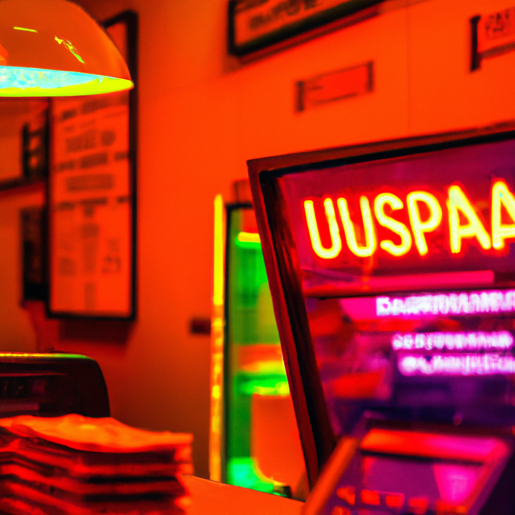 Close-up warm neon pizzeria interior with counter and cashless UPI QR, ultra-detailed