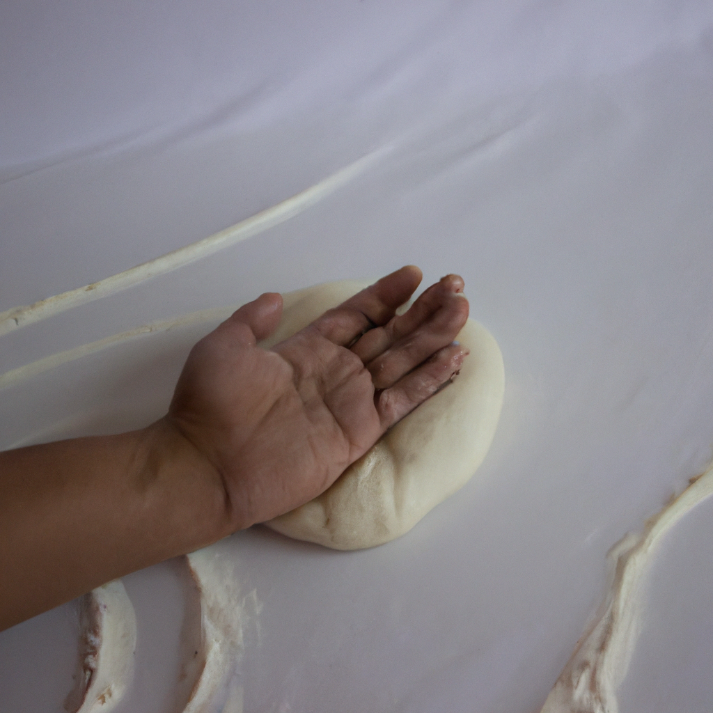 Chef in Bengaluru hand-stretching pizza dough on a white, minimalist table with soft daylight and flour dust.